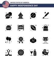 Pack of 16 creative USA Independence Day related Solid Glyphs of usa bat thanksgiving baseball united Editable USA Day Vector Design Elements