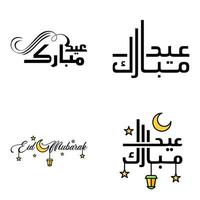 paquete moderno de 4 eidkum mubarak árabe tradicional tipografía kufic cuadrada moderna texto de saludo decorado con estrellas y luna vector