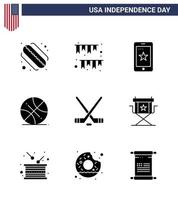 conjunto de 9 iconos del día de los ee.uu. símbolos americanos signos del día de la independencia para el deporte del hielo ee.uu. deportes móviles backetball elementos editables del diseño del vector del día de los ee.uu.