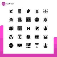 Pack of 25 Modern Solid Glyphs Signs and Symbols for Web Print Media such as law waste globe garbage bin Editable Vector Design Elements