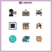 9 User Interface Filledline Flat Color Pack of modern Signs and Symbols of box bookmark hat book popup Editable Vector Design Elements