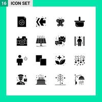 16 User Interface Solid Glyph Pack of modern Signs and Symbols of photography media insect camera holiday Editable Vector Design Elements