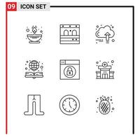 Mobile Interface Outline Set of 9 Pictograms of design online book business globe book Editable Vector Design Elements