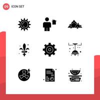 Universal Icon Symbols Group of 9 Modern Solid Glyphs of control weapon mountain sword tree Editable Vector Design Elements