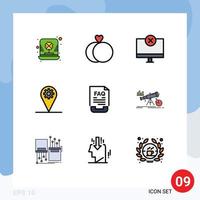 Group of 9 Modern Filledline Flat Colors Set for communication map computers location monitor Editable Vector Design Elements
