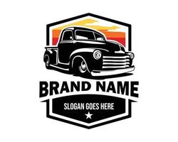 old classic truck logo isolated on white background showing from side. best for the trucking industry. illustration vector available in eps 10.