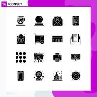 User Interface Pack of 16 Basic Solid Glyphs of diet shopping event mobile cart Editable Vector Design Elements