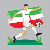 Diseño plano de jugador de fútbol de irán con ilustración de vector de fondo de bandera