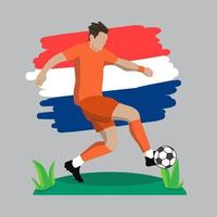 Diseño plano de jugador de fútbol de Holanda con ilustración de vector de fondo de bandera