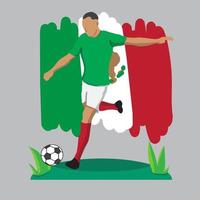 Diseño plano de jugador de fútbol de México con ilustración de vector de fondo de bandera