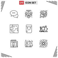 Mobile Interface Outline Set of 9 Pictograms of school bag firewall maze labyrinth Editable Vector Design Elements