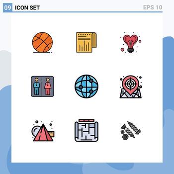 Pictogram Set of 9 Simple Filledline Flat Colors of globe hotel bulb machine down Editable Vector Design Elements