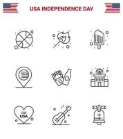 Set of 9 Vector Lines on 4th July USA Independence Day such as frise sign cold map american Editable USA Day Vector Design Elements