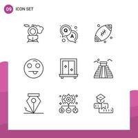 Group of 9 Modern Outlines Set for building mirror fathers day cupboard happy Editable Vector Design Elements
