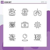 Pack of 9 Modern Outlines Signs and Symbols for Web Print Media such as care bag phone public transit lungs Editable Vector Design Elements