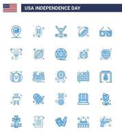 paquete de 25 signos de blues de celebración del día de la independencia de EE. UU. Y símbolos del 4 de julio, como gafas de sol americanas, deporte de hielo, pelota americana, rugby, elementos de diseño vectorial editables del día de EE. UU. vector