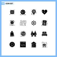 Group of 16 Modern Solid Glyphs Set for alarm love bulb heart lock Editable Vector Design Elements