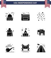 Big Pack of 9 USA Happy Independence Day USA Vector Solid Glyphs and Editable Symbols of camping american firework usa bag Editable USA Day Vector Design Elements