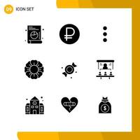 9 Universal Solid Glyphs Set for Web and Mobile Applications market share sweets phone candy summer Editable Vector Design Elements