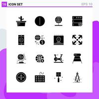 Set of 16 Vector Solid Glyphs on Grid for currency mobile application stand mobile server Editable Vector Design Elements