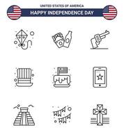 Group of 9 Lines Set for Independence day of United States of America such as party cake weapon festival presidents Editable USA Day Vector Design Elements