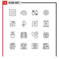 Pack of 16 Modern Outlines Signs and Symbols for Web Print Media such as cherry wheel chain gear basic Editable Vector Design Elements