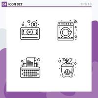 Pack of 4 Modern Filledline Flat Colors Signs and Symbols for Web Print Media such as money keys player machine typewriter Editable Vector Design Elements