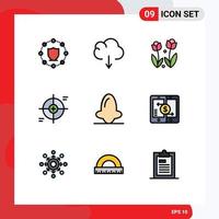 Group of 9 Filledline Flat Colors Signs and Symbols for anatomy scope flower reticle crosshair Editable Vector Design Elements