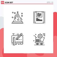Line Pack of 4 Universal Symbols of cone document party data pencil Editable Vector Design Elements