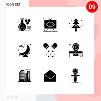 Set of 9 Commercial Solid Glyphs pack for moon night television celebration holiday Editable Vector Design Elements