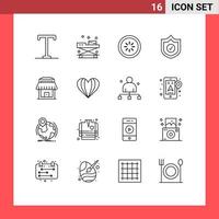 Modern Set of 16 Outlines Pictograph of real shield buffer security loading Editable Vector Design Elements