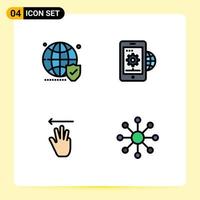 Group of 4 Filledline Flat Colors Signs and Symbols for globe setting world gear hand cursor Editable Vector Design Elements