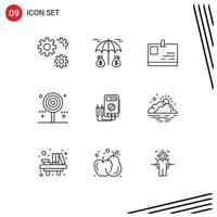 Pictogram Set of 9 Simple Outlines of amper sweet id card lollipop celebration Editable Vector Design Elements