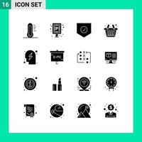 Universal Icon Symbols Group of 16 Modern Solid Glyphs of planning shopping board cart shield Editable Vector Design Elements