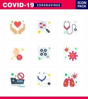 Corona virus 2019 and 2020 epidemic 9 Flat Color icon pack such as  hands dirty test covid stethoscope viral coronavirus 2019nov disease Vector Design Elements