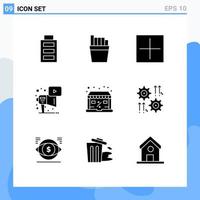 Set of 9 Vector Solid Glyphs on Grid for setting shop plus online play Editable Vector Design Elements