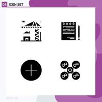 4 Thematic Vector Solid Glyphs and Editable Symbols of crane add building corporate media player Editable Vector Design Elements