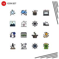 Pack of 16 Modern Flat Color Filled Lines Signs and Symbols for Web Print Media such as image frame cake laptop computer Editable Creative Vector Design Elements