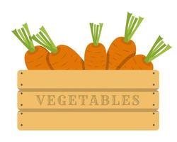 Carrots in wooden crate. Bunch of carrots. Carrots isolated vector illustration. Vector illustration of vegetables. Carrots in a flat style. Vector drawing on the topic of healthy food. Full container