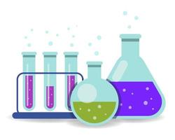 cristalería de laboratorio, matraces de ciencia aislados sobre fondo blanco. matraces de laboratorio con líquido. imágenes prediseñadas vectoriales de cristalería de laboratorio. cristalería química con soluciones de colores brillantes. vector