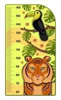 Height meter for kids. Vector illustration with jungle animals. Growth measure for nursery design. Great for girl and boy. Kids height chart with tiger and toucan on it.