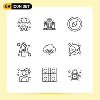 Pack of 9 creative Outlines of cloud shower technology robe bath Editable Vector Design Elements