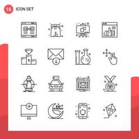 Pack of 16 Universal Outline Icons for Print Media on White Background vector