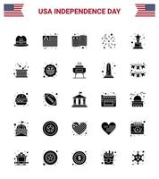 25 signos de glifo sólido de estados unidos celebración del día de la independencia símbolos de vacaciones de independencia trofeo de tambor americano elementos de diseño de vector de día de estados unidos editables