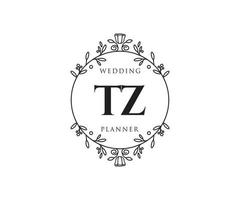 colección de logotipos de monograma de boda con letras iniciales tz, plantillas florales y minimalistas modernas dibujadas a mano para tarjetas de invitación, guardar la fecha, identidad elegante para restaurante, boutique, café en vector