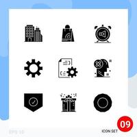 Modern Set of 9 Solid Glyphs Pictograph of develop logistic alarm gear sound Editable Vector Design Elements