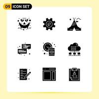 Pictogram Set of 9 Simple Solid Glyphs of clock message tent free dialogue communication Editable Vector Design Elements