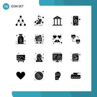 Set of 16 Vector Solid Glyphs on Grid for health security banking mobile school Editable Vector Design Elements