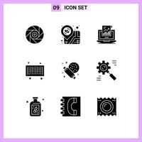 Pack of 9 Modern Solid Glyphs Signs and Symbols for Web Print Media such as sweet code analytics barcode computer Editable Vector Design Elements