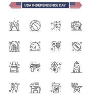 Pack of 16 USA Independence Day Celebration Lines Signs and 4th July Symbols such as gate arch camping usa elephent Editable USA Day Vector Design Elements